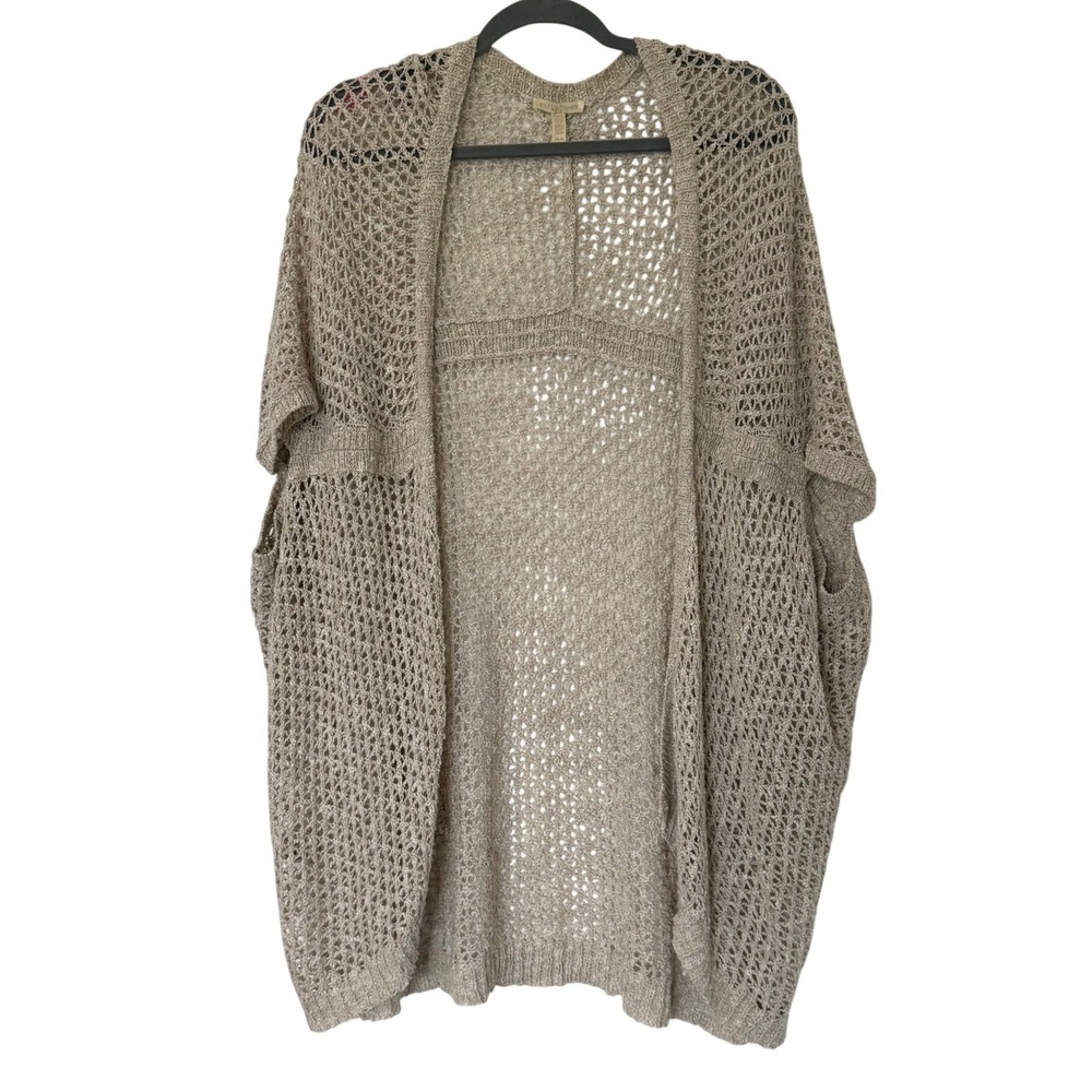 Eileen Fisher Linen Cotton Mesh Open Front Cardigan Beige Medium Minimalist Boho